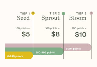 Chart showing tiered pricing system with points required for each tier on a white background.