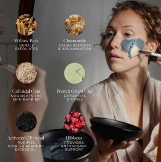 Woman applying face mask with key ingredients.