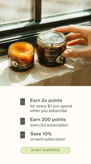 Two skincare jars on a surface with promotional text about points and subscriptions.