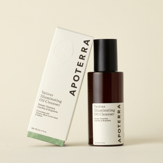 Apoterra vetiver oil cleanser box and bottle displayed together on a beige background