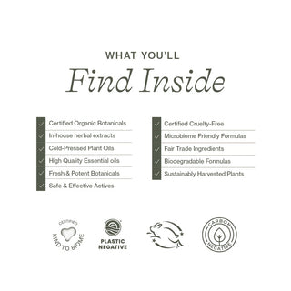 List of natural and clean product features and certifications on a white background