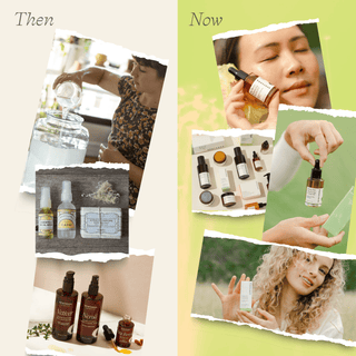 A side by side image comparing the founding story of Apoterra as a small, homemade brand called Caru against our current evolution as a modern skincare brand called Apoterra with sleek, elegant packaging. 