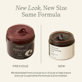 Our hibiscus exfoliating mud now comes in a smaller 1.5oz jar instead of a 4oz jar. Also has a new look
