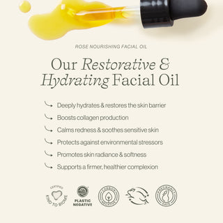 Apoterra Rose Nourishing Facial Oil is a restorative & hydrating facial oil that restores the skin barrier, boosts collagen production, soothes redness & calms skin 