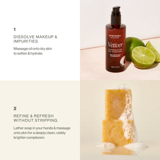 Brightening Double Cleanse Duo how to use to remove makeup, and refresh without stripping to reveal a clean, visibly brighter complexion. 