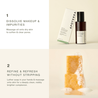 Brightening Double Cleanse Duo how to use to remove makeup, and refresh without stripping to reveal a clean, visibly brighter complexion. 