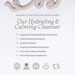 Hydrating & calming cleanser benefits listing. Removes makeup, support healthy microbiome.