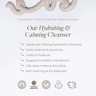 Hydrating & calming cleanser benefits listing. Removes makeup, support healthy microbiome.