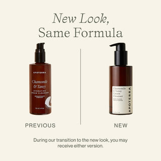 New versus old Apoterra Chamomile and Tansy Hydrating Cleanser packaging. New look, same great formula.