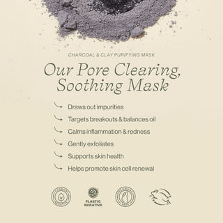 Apoterra Charcoal & Clay Purifying Mask benefits include pore clearing, soothing skin, drawing out impurities, and calming redness and inflammation 