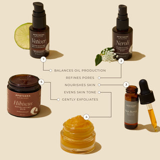 Collection of Apoterra skincare products with benefits including gentle exfoliation, even skin tone, refines pore, and balances oil production. 