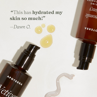 Apoterra Hydrating Double Cleanse Kit Vetiver Oil and Chamomile Tansy Cleanser with product texture laydown photo  with customer review of hydrated skin