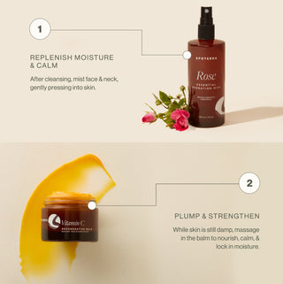 Essential Hydration Duo how to use information to replenish moisture, calm skin, and plump and strengthen