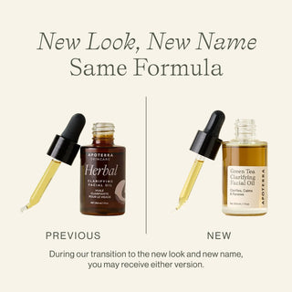 New Look, New Name, Same Formula.  Apoterra Herbal Clarifying Facial Oil is now called Apoterra Green Tea Clarifying Facial Oil.  During our transition to the new look and new name, you may receive either version.