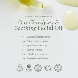 Green Tea Clarifying Facial Oil by Apoterra benefits state it clarifies pores, balances oil production, hydrates skin, and soothes redness from acne.