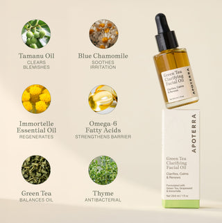 Green Tea Clarifying Facial Oil features tamanu oil, blue chamomile, immortelle oil, and green tea for skin barrier support, soothing irritation, and clearing blemishes