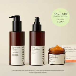 Apoterra's Best Skin Ever skin quiz Trio of products for skin barrier support featuring the Vitamin C Regenerative Balm, the Rose Hydration Mist, and the Chamomile & Tansy Cleanser