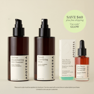 A trio of Apoterra clean skincare products to help balance blemishes featuring the Sea Berry Facial Oil, Neroli Complexion Mist, and the Vetiver Oil Cleanser
