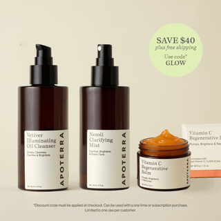 Apoterra's trio of products for a daily defense ritual featuring the Vetiver Oil Cleanser, the Neroli Clarifying Mist, and the Vitamin C Regenerative Balm