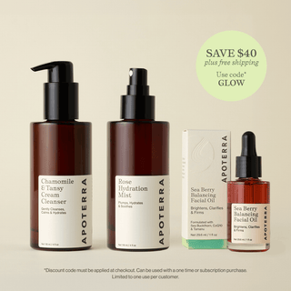 Apoterra's trio of products to nourish & nurture for your best skin ever featuring the Chamomile Tansy Cleanser, the Rose Hydration Mist, and the Sea Berry Facial Oil