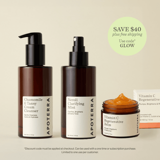 Apoterra's trio of products to enhance radiant renewal for your best skin ever featuring the Chamomile Tansy Cleanser, the Neroli Clarifying Mist, and the Vitamin C Regenerative Balm