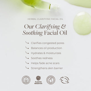 Herbal Clarifying Facial Oil by Apoterra benefits state it clarifies pores, balances oil production, hydrates skin, and soothes redness from acne.