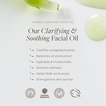 Herbal Clarifying Facial Oil by Apoterra benefits state it clarifies pores, balances oil production, hydrates skin, and soothes redness from acne.