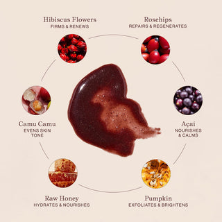 Apoterra's Hibiscus Exfoliating Mud with ingredients including rosehips, camu camu, açai, honey, pumpkin for nourishing, and brightening repair