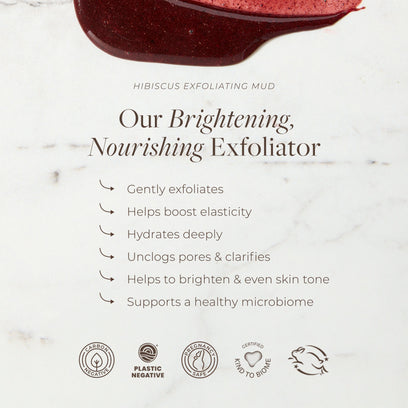 Hibiscus Exfoliating Mud Mask by Apoterra include brightening & nourishing exfoliator benefits, as well as deep hydration, and pore clarification 