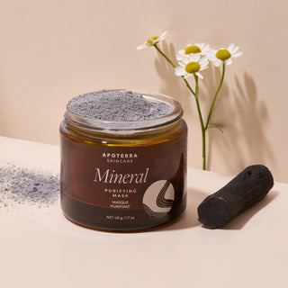 Apoterra Mineral Purifying Mask featuring activated charcoal, and chamomile for calming detoxification 