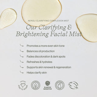 Neroli Clarifying Complexion Mist by Apoterra is a clarifying & brightening facial most that promotes even skin tone, oil production, & supports skin renewal & regeneration 