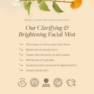 Neroli Clarifying Complexion Mist by Apoterra is a clarifying & brightening facial most that promotes even skin tone, oil production, & supports skin renewal & regeneration 