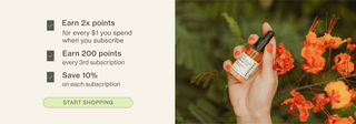 Text explaining the benefits of joining the loyalty program next to a hand holding a facial oil bottle in a natural setting surrounded by orange flowers. 
