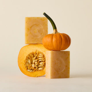 Pumpkin Brightening Soap made with pumpkin pulp soap stacked with pumpkin on top