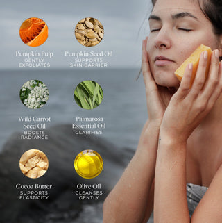 Pumpkin & Wild Carrot Brightening Complexion Soap ingredients include pumpkin seed oil, cocoa butter, olive oil for gentle exfoliation, barrier support, radiance boosting, and elasticity support benefits 