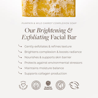 Pumpkin Wild Carrot Complexion Soap by Apoterra is a brightening & exfoliating facial bar soap that gently exfoliates & refines texture while boosting radiance and supporting collagen production 