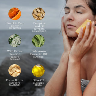 Pumpkin & Wild Carrot Brightening Complexion Soap ingredients include pumpkin seed oil, cocoa butter, olive oil for gentle exfoliation, barrier support, radiance boosting, and elasticity support benefits 