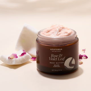 Rose & Violet Leaf Body Butter by Apoterra lifestyle image with rose petal botanicals 