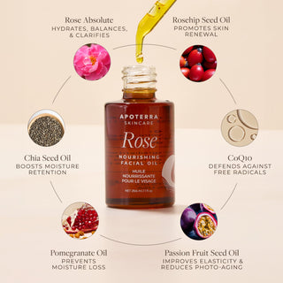 Rose Nourishing Facial Oil by Apoterra contains rose absolute, rosehip seed oil, pomegranate oil, and CoQ10 for fighting free radicals, promoting skin renewal, and improving elasticity. 