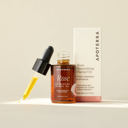 Rose Nourishing Facial Oil by Apoterra main product image showing glass bottle with oil dropper