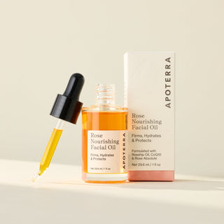 Rose Nourishing Facial Oil by Apoterra main product image showing glass bottle with oil dropper