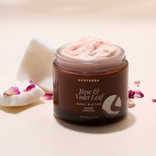 Rose & Violet Leaf Body Butter by Apoterra lifestyle image with rose petal botanicals 