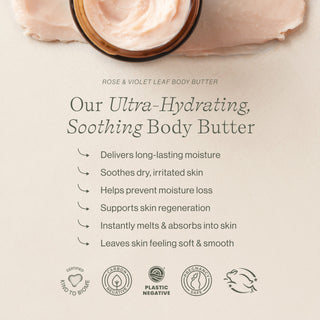 Rose & Violet Leaf Body Butter by Apoterra is ultra-hydrating, soothing body butter that delivers moisture, soothes skin, and supports skin regeneration 