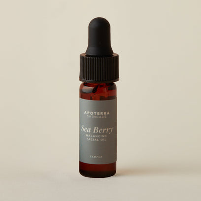 Bottle of travel sized Apoterra Sea Berry Balancing Facial Oil for on-the-go, easy to carry size