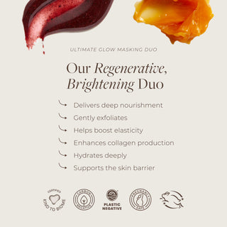 Apoterra's Ultimate Glow Masking Duo benefits include regenerative & brightening, boosting elasticity, supporting collagen production, and deeply hydrating