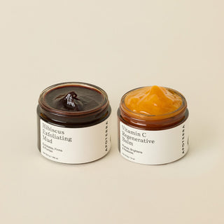 Apoterra's Ultimate Glow Masking Duo featuring hibiscus mud and vitamin c balm for deeply hydrating, glowing skin