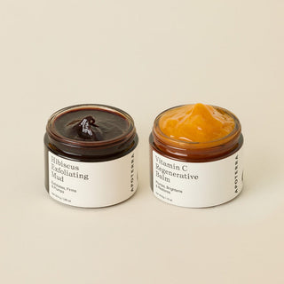 Apoterra's Ultimate Glow Masking Duo featuring hibiscus mud and vitamin c balm for deeply hydrating, glowing skin