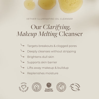Apoterra's Vetiver Illuminating Oil Cleanser product benefits include targeting breakouts & clogged pores, brightening dull skin, supporting skin barrier health, and makeup removal. 