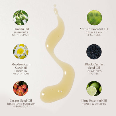 Vetiver Oil Cleanser with tamanu oil, meadowfoam, castor seed oil, and black cumin seed oil for skin repair, calming hydration, pore clarifying, and makeup removal.