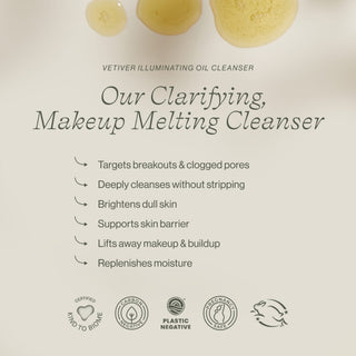 Apoterra's Vetiver Illuminating Oil Cleanser product benefits include targeting breakouts & clogged pores, brightening dull skin, supporting skin barrier health, and makeup removal. 